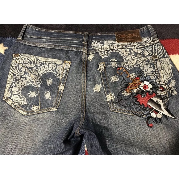 Vintage Marc Ecko Cut & Sew Skull Dagger Distressed Denim Jeans 34x32 P Wing Rlx - Picture 11 of 13